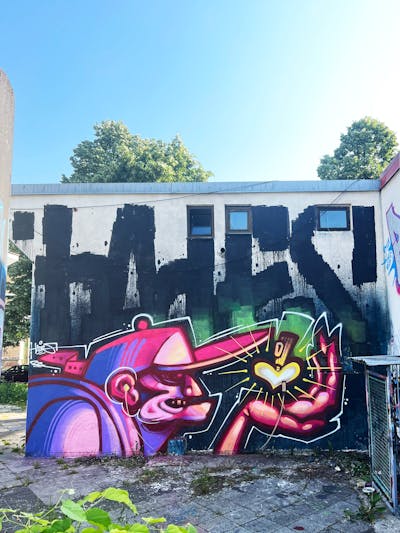 Black and Violet and Coralle Characters by Hades. This Graffiti is located in Sarajevo, Bosnia and Herzegovina and was created in 2023. This Graffiti can be described as Characters, Stylewriting, Roll Up and Streetart.