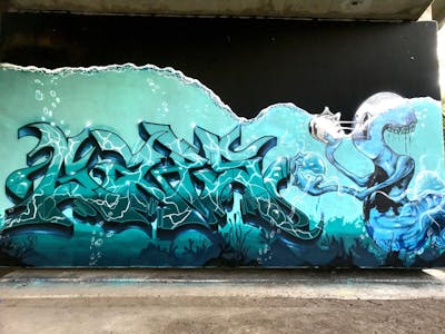 Cyan and Light Blue Stylewriting by Gaps and Diro. This Graffiti is located in Leipzig, Germany and was created in 2022. This Graffiti can be described as Stylewriting, Characters and Murals.