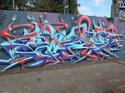 Light Blue and Colorful Stylewriting by Kezam. This Graffiti is located in Auckland, New Zealand and was created in 2020. This Graffiti can be described as Stylewriting and 3D.