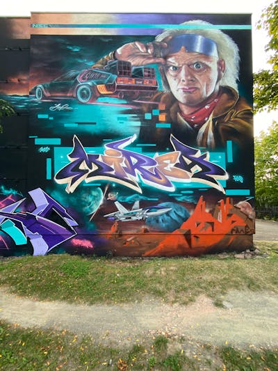 Orange and Violet and Cyan Characters by Graff.Funk, MIREA, Chr15 and Aser. This Graffiti is located in Leipzig, Germany and was created in 2023. This Graffiti can be described as Characters, Murals and Stylewriting.