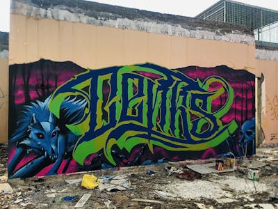 Blue and Light Green and Colorful Stylewriting by Cenkster. This Graffiti is located in Makassar, Indonesia and was created in 2023. This Graffiti can be described as Stylewriting, Characters and Abandoned.