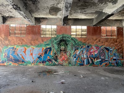Green and Colorful and Brown Stylewriting by Kneb1, Rimis and Majorpaintone. This Graffiti is located in Limassol, Cyprus and was created in 2023. This Graffiti can be described as Stylewriting, Characters, Abandoned and Atmosphere.
