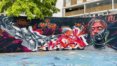 Grey and Colorful Stylewriting by Techno, CAS and Atila. This Graffiti is located in London, United Kingdom and was created in 2021. This Graffiti can be described as Stylewriting, Characters, Wall of Fame and Murals.