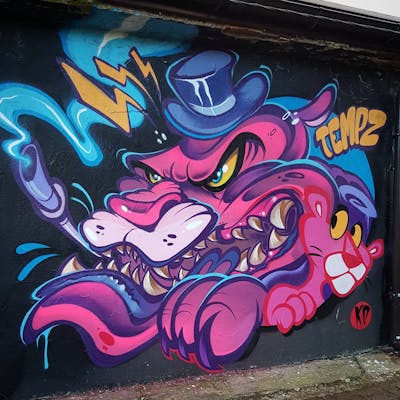 Violet and Light Blue Characters by tempz. This Graffiti is located in Warsaw, Poland and was created in 2020. This Graffiti can be described as Characters and Wall of Fame.