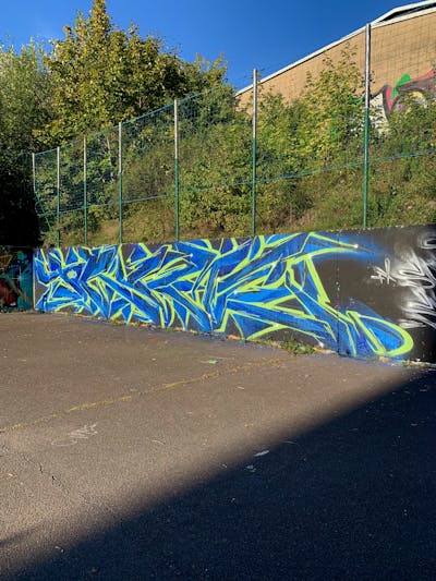 Blue and Light Green Stylewriting by Prime. This Graffiti is located in Halle/Saale, Germany and was created in 2023. This Graffiti can be described as Stylewriting and Wall of Fame.