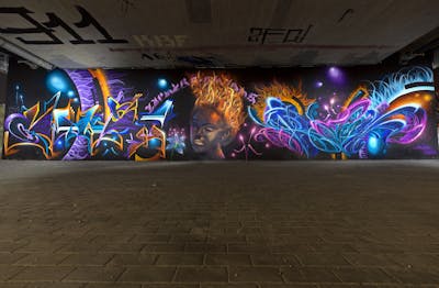 Violet and Colorful and Orange Stylewriting by Zaphyre and Chaote.img. This Graffiti is located in Leipzig, Germany and was created in 2023. This Graffiti can be described as Stylewriting, Characters and Wall of Fame.