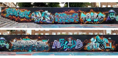 Grey and Cyan and Colorful Stylewriting by Soner, Core246, Sorez, Toile, hertse1, Nelius, smo__crew and Sky High. This Graffiti is located in London, United Kingdom and was created in 2020. This Graffiti can be described as Stylewriting and Wall of Fame.