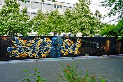Blue and Yellow Stylewriting by Jason one and Jason. This Graffiti is located in Dresden, Germany and was created in 2022. This Graffiti can be described as Stylewriting, Characters and Wall of Fame.