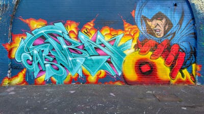 Cyan and Colorful and Yellow Stylewriting by Techno, CAS and PAB. This Graffiti is located in London, United Kingdom and was created in 2023. This Graffiti can be described as Stylewriting, Characters, Murals and Streetart.