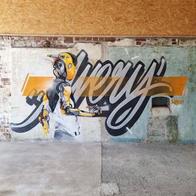 Yellow and Grey and Orange Stylewriting by Wery, KDP, 5FC and new. This Graffiti is located in Germany and was created in 2023. This Graffiti can be described as Stylewriting, Characters and Abandoned.
