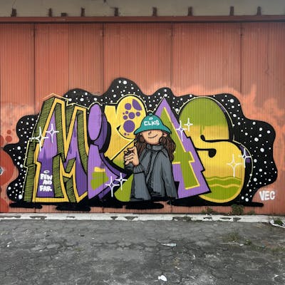 Violet and Yellow and Light Green Stylewriting by Minas. This Graffiti is located in Yogyakarta, Indonesia and was created in 2022. This Graffiti can be described as Stylewriting, Characters and Abandoned.