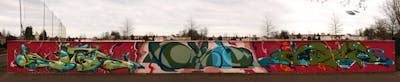 Green and Red Stylewriting by urine, mobar, Köter and OST. This Graffiti is located in Delitzsch, Germany and was created in 2016. This Graffiti can be described as Stylewriting and Wall of Fame.