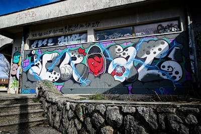 Grey and Red Stylewriting by Brat, PLZ and BDBU. This Graffiti is located in Rijeka, Croatia and was created in 2022. This Graffiti can be described as Stylewriting and Characters.