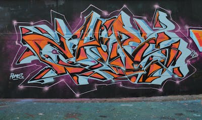 Orange and Light Blue and Coralle Stylewriting by Chips and CDSK. This Graffiti is located in London, United Kingdom and was created in 2023. This Graffiti can be described as Stylewriting and Wall of Fame.