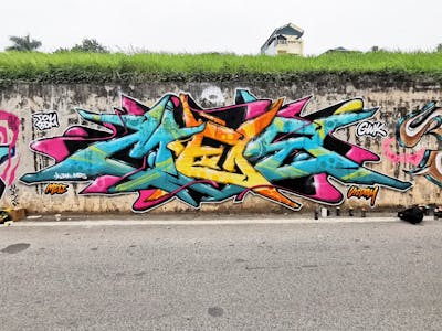 Light Blue and Yellow and Colorful Stylewriting by Mes. This Graffiti is located in Hanoi, Viet Nam and was created in 2024.