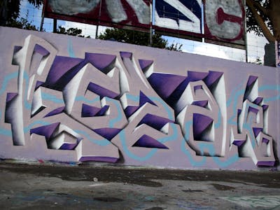 Violet and Coralle Stylewriting by Kezam. This Graffiti is located in Auckland, New Zealand and was created in 2023. This Graffiti can be described as Stylewriting, 3D and Wall of Fame.