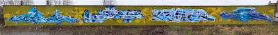 Light Blue and Yellow Stylewriting by mobar, urine, kafor, Köter and OST. This Graffiti is located in Delitzsch, Germany and was created in 2020.