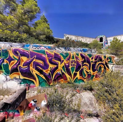 Violet and Beige Stylewriting by REVES ONE. This Graffiti is located in Spain and was created in 2024. This Graffiti can be described as Stylewriting and Abandoned.