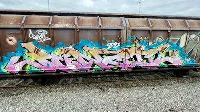 Colorful Trains by Pencil. This Graffiti is located in Stockholm, Sweden and was created in 2022. This Graffiti can be described as Trains, Stylewriting and Freights.