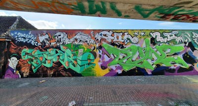 Colorful Stylewriting by Rune, scare and seka. This Graffiti is located in Erfurt, Germany and was created in 2022. This Graffiti can be described as Stylewriting, Characters, Wall of Fame and 3D.