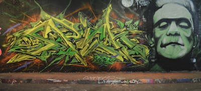 Yellow and Light Green Stylewriting by CDSK, DavePlant and Chips. This Graffiti is located in London, United Kingdom and was created in 2022. This Graffiti can be described as Stylewriting, Wall of Fame and Characters.