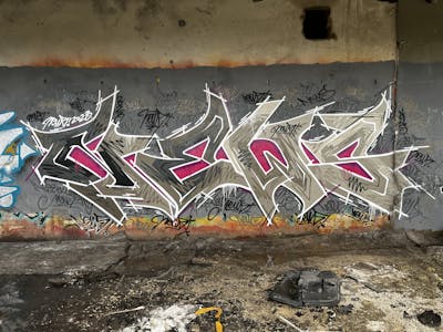 Grey and Coralle Stylewriting by News. This Graffiti is located in Walbrzych, Poland and was created in 2023. This Graffiti can be described as Stylewriting and Abandoned.
