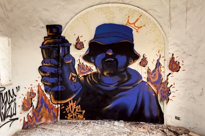 Orange and Blue Characters by Mons. This Graffiti is located in Bangkok, Thailand and was created in 2021. This Graffiti can be described as Characters and Abandoned.