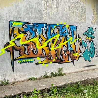 Colorful and Brown Stylewriting by Sakey and M3C. This Graffiti is located in Jambi City, Indonesia and was created in 2022. This Graffiti can be described as Stylewriting and Characters.