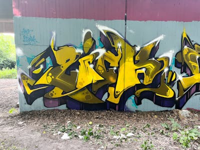 Yellow and Violet Stylewriting by ZICK and PMZ CREW. This Graffiti is located in Oldenburg, Germany and was created in 2023. This Graffiti can be described as Stylewriting and Abandoned.