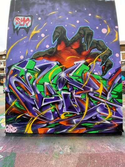 Violet and Colorful Stylewriting by Chips and CDSK. This Graffiti is located in London, United Kingdom and was created in 2023. This Graffiti can be described as Stylewriting and Characters.