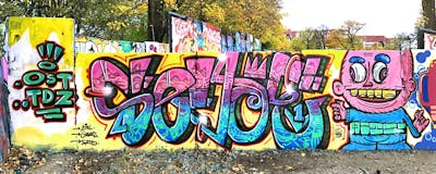 Colorful Characters by Sefoe, OST and Hülpman. This Graffiti is located in Berlin, Germany and was created in 2018. This Graffiti can be described as Characters, Stylewriting and Wall of Fame.