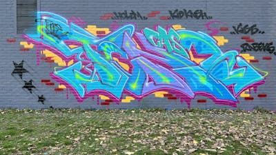 Light Blue and Colorful Stylewriting by Techno and CAS. This Graffiti is located in London, United Kingdom and was created in 2022. This Graffiti can be described as Stylewriting and Wall of Fame.