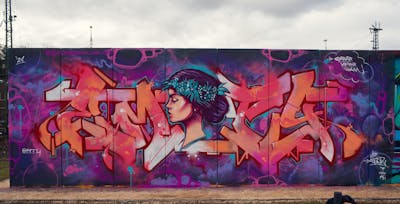 Coralle and Violet Stylewriting by Emty. This Graffiti is located in Wiesbaden, Germany and was created in 2021. This Graffiti can be described as Stylewriting and Characters.