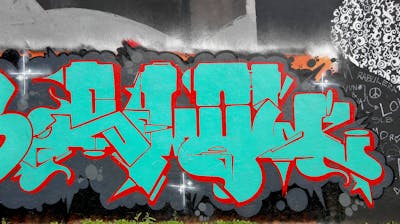 Red and Cyan Stylewriting by OneBlow, TBT crew and blow. This Graffiti is located in LISBON, Portugal and was created in 2020.