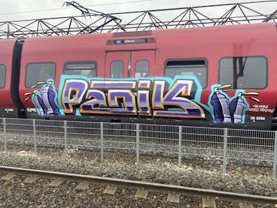 Orange and Violet Trains by Panik. This Graffiti is located in copenhagen, Denmark and was created in 2022. This Graffiti can be described as Trains and Stylewriting.