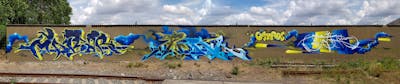 Blue and Yellow Stylewriting by mobar, Pork, urine, OST and ABS. This Graffiti is located in Delitzsch, Germany and was created in 2020. This Graffiti can be described as Stylewriting and Futuristic.