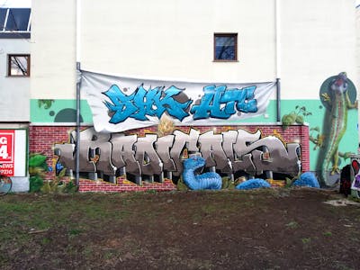 Colorful and Brown Stylewriting by Chr15, Aser, Opys, Menk, Words and WOOKY. This Graffiti is located in Leipzig, Germany and was created in 2023. This Graffiti can be described as Stylewriting, Characters, Murals, Streetart and Commission.