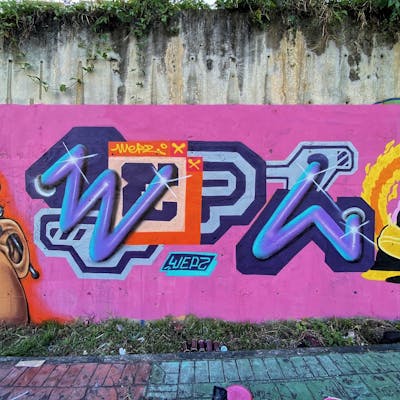 Violet and Coralle Stylewriting by Wepz. This Graffiti is located in Batam, Indonesia and was created in 2023. This Graffiti can be described as Stylewriting and Futuristic.