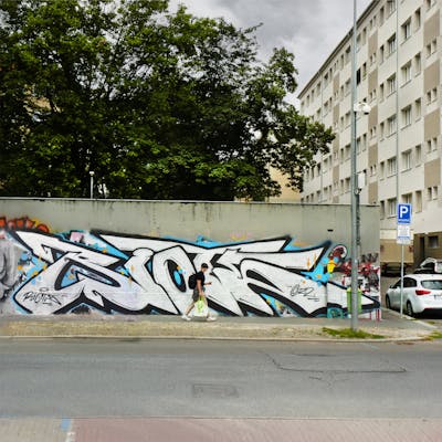 Chrome and Black Stylewriting by Riots. This Graffiti is located in Prague, Czech Republic and was created in 2022. This Graffiti can be described as Stylewriting and Street Bombing.