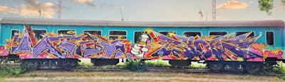 Colorful and Violet Stylewriting by mtoy and Riots. This Graffiti is located in Jena, Germany and was created in 2023. This Graffiti can be described as Stylewriting, Characters, Trains and Wall of Fame.