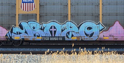Light Blue and Coralle Stylewriting by Bozo. This Graffiti is located in United States and was created in 2011. This Graffiti can be described as Stylewriting, Trains and Freights.
