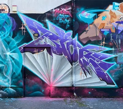 Cyan and Violet and Grey Murals by Graff.Funk and Riots. This Graffiti is located in Leipzig, Germany and was created in 2023. This Graffiti can be described as Murals, Stylewriting and Characters.