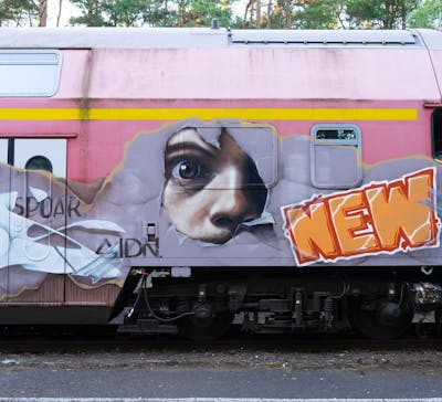 Beige and Colorful Characters by AIDN and New Cru. This Graffiti is located in Berlin, Germany and was created in 2020. This Graffiti can be described as Characters and Trains.