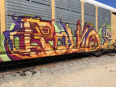 Orange and Colorful Stylewriting by Polvo, LTS and Kog. This Graffiti is located in Los Angeles, United States and was created in 2022. This Graffiti can be described as Stylewriting, Trains and Freights.