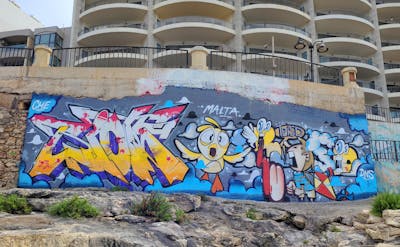 Colorful Stylewriting by Riots and trisd. This Graffiti is located in Malta and was created in 2023. This Graffiti can be described as Stylewriting and Characters.