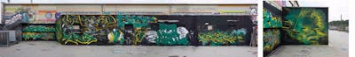 Green and Yellow and Cyan Stylewriting by Biest, AURA, OLDHAUS, VIDEO, SCKRE, MIREA, JOYS and WANTED. This Graffiti is located in Wiesbaden, Germany and was created in 2023. This Graffiti can be described as Stylewriting, Characters and Murals.