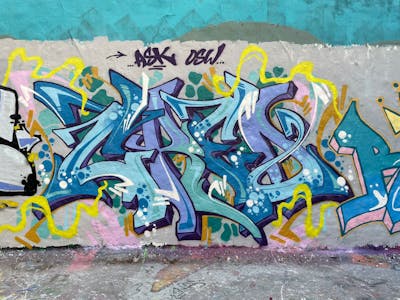 Cyan and Colorful Stylewriting by CRED. This Graffiti is located in Berlin, Germany and was created in 2023. This Graffiti can be described as Stylewriting and Wall of Fame.
