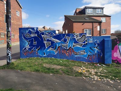 Blue Stylewriting by Dkeg. This Graffiti is located in Leeds, United Kingdom and was created in 2021. This Graffiti can be described as Stylewriting and Wall of Fame.