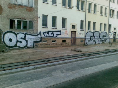 Chrome Stylewriting by OST, KCF and GRS. This Graffiti is located in Leipzig, Germany and was created in 2009. This Graffiti can be described as Stylewriting and Street Bombing.