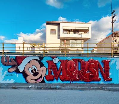 Light Blue and Red Stylewriting by APSET, DEM and Merlin. This Graffiti is located in Katerini, Greece and was created in 2021. This Graffiti can be described as Stylewriting, Characters and Wall of Fame.